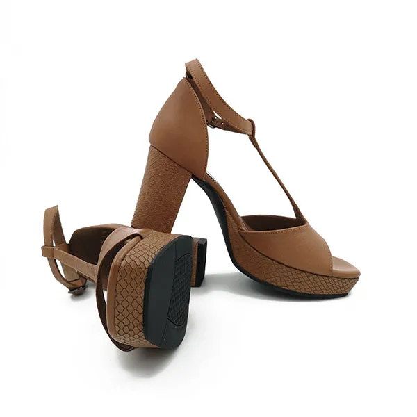 Leather T-Bar On Platform Heel - 0897