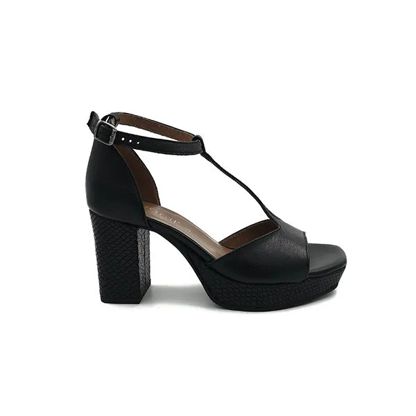 Leather T-Bar On Platform Heel - 0897