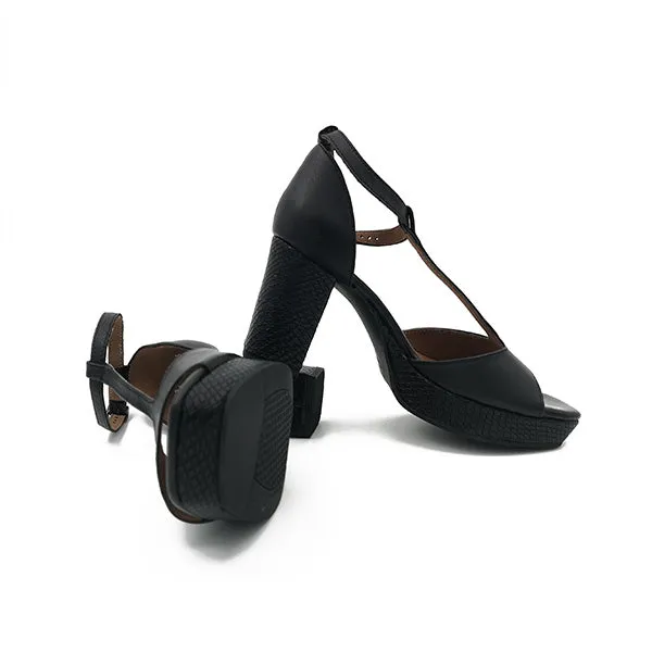 Leather T-Bar On Platform Heel - 0897