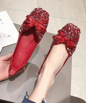 Loafers Splicing Sequins Faux Red Fashion Penny Bow Leather