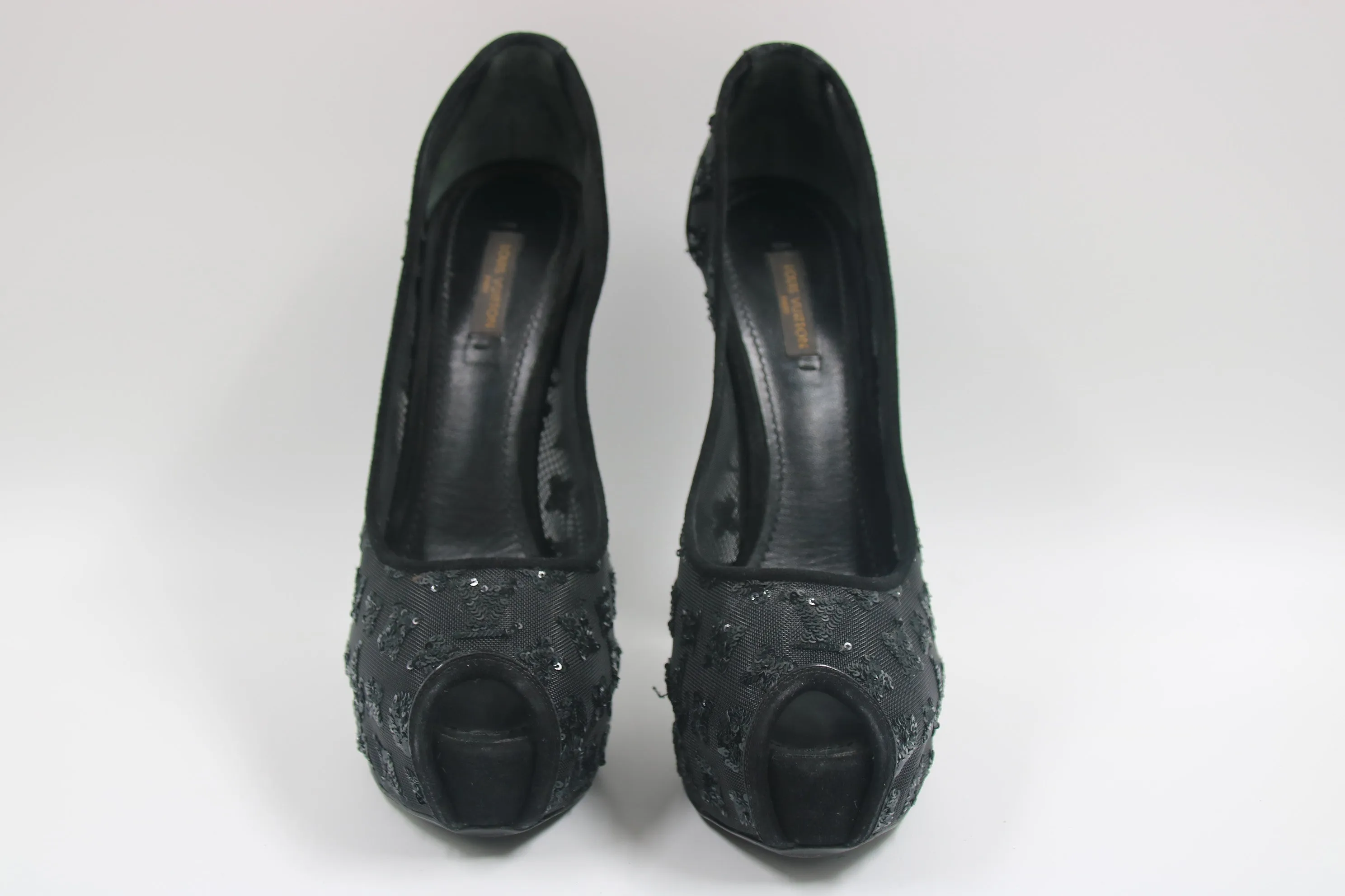 LOUIS VUITTON Black Monogram Sequins, Mesh, and Suede Peep Toe Heels