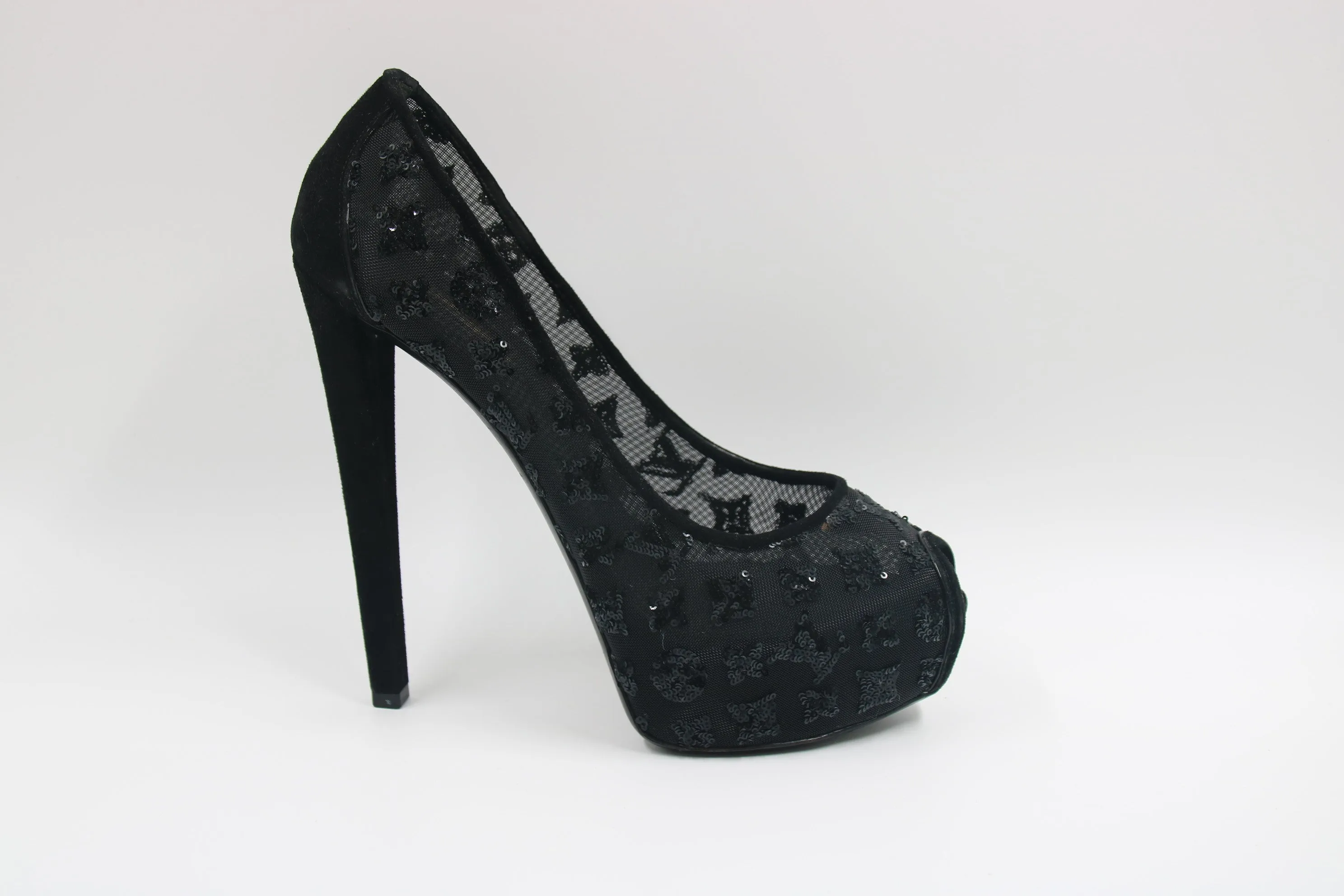 LOUIS VUITTON Black Monogram Sequins, Mesh, and Suede Peep Toe Heels
