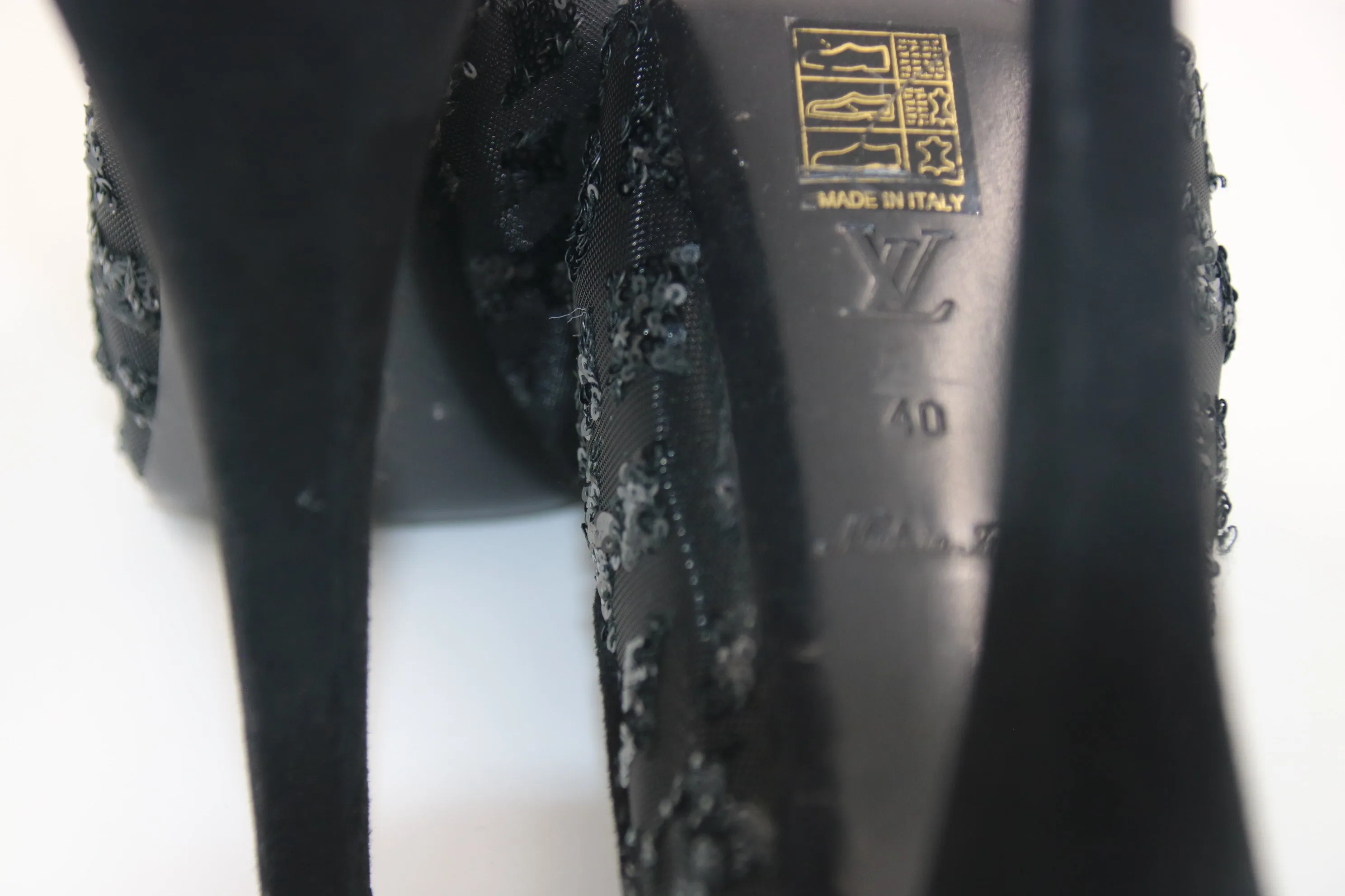 LOUIS VUITTON Black Monogram Sequins, Mesh, and Suede Peep Toe Heels