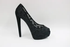 LOUIS VUITTON Black Monogram Sequins, Mesh, and Suede Peep Toe Heels