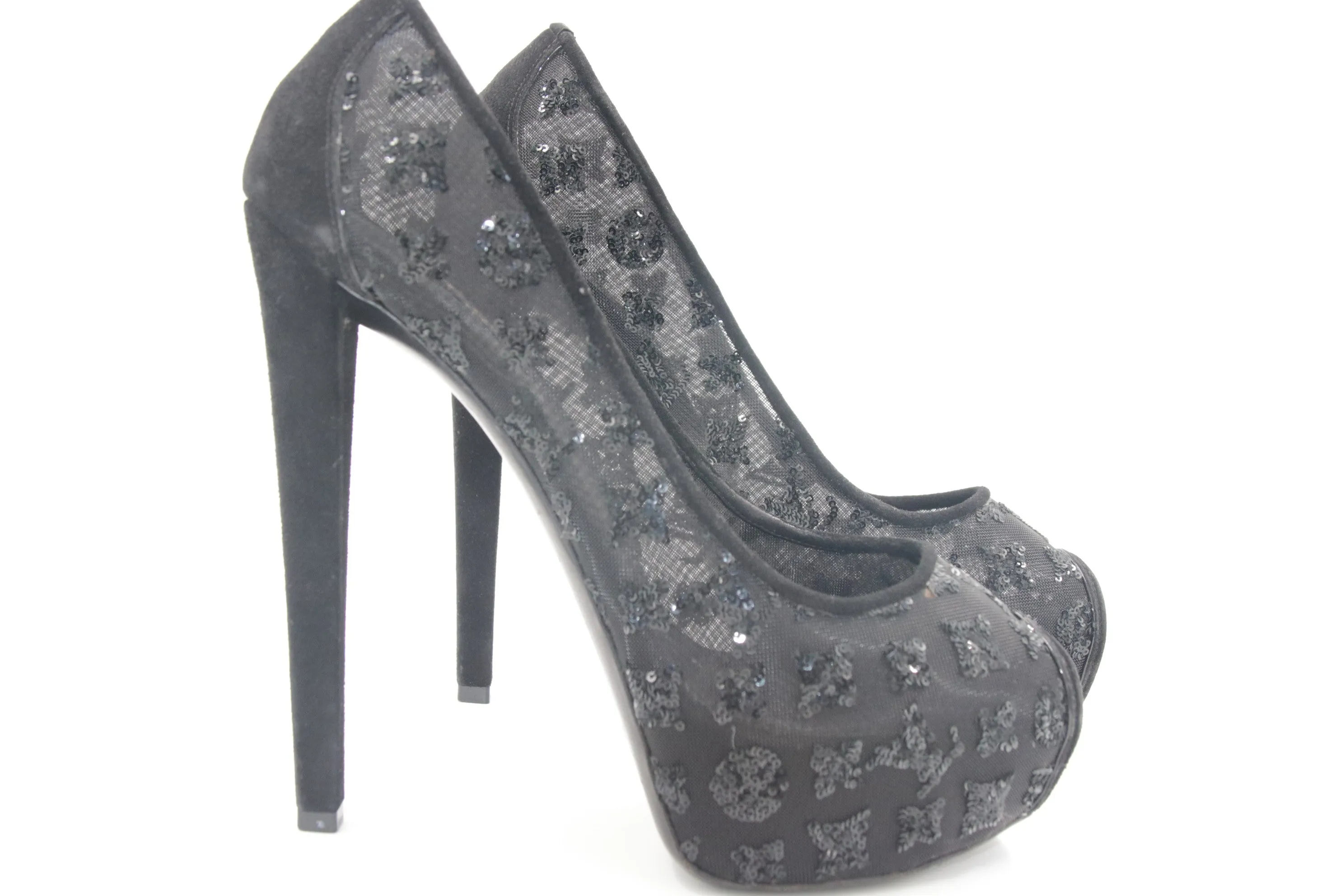 LOUIS VUITTON Black Monogram Sequins, Mesh, and Suede Peep Toe Heels
