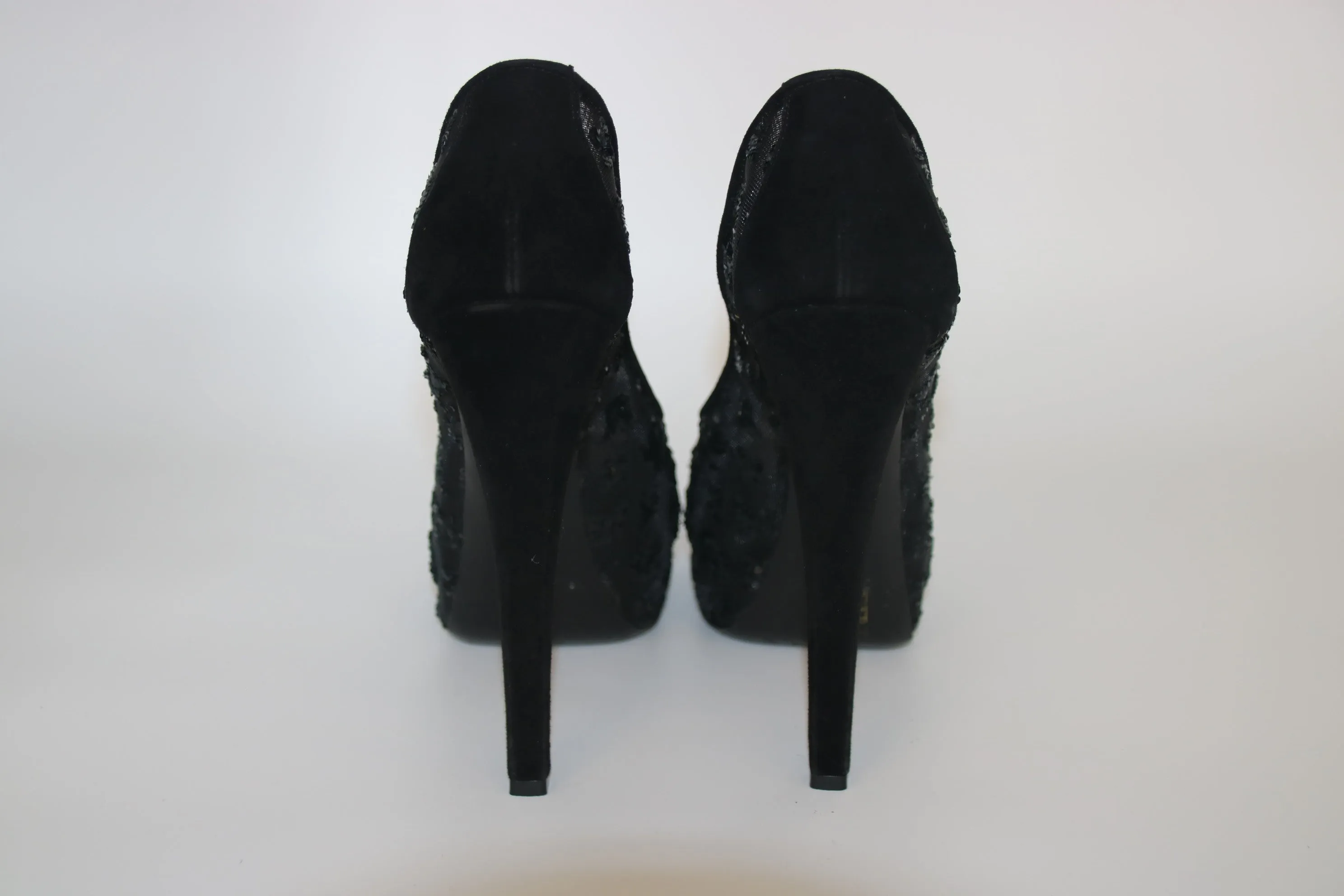 LOUIS VUITTON Black Monogram Sequins, Mesh, and Suede Peep Toe Heels
