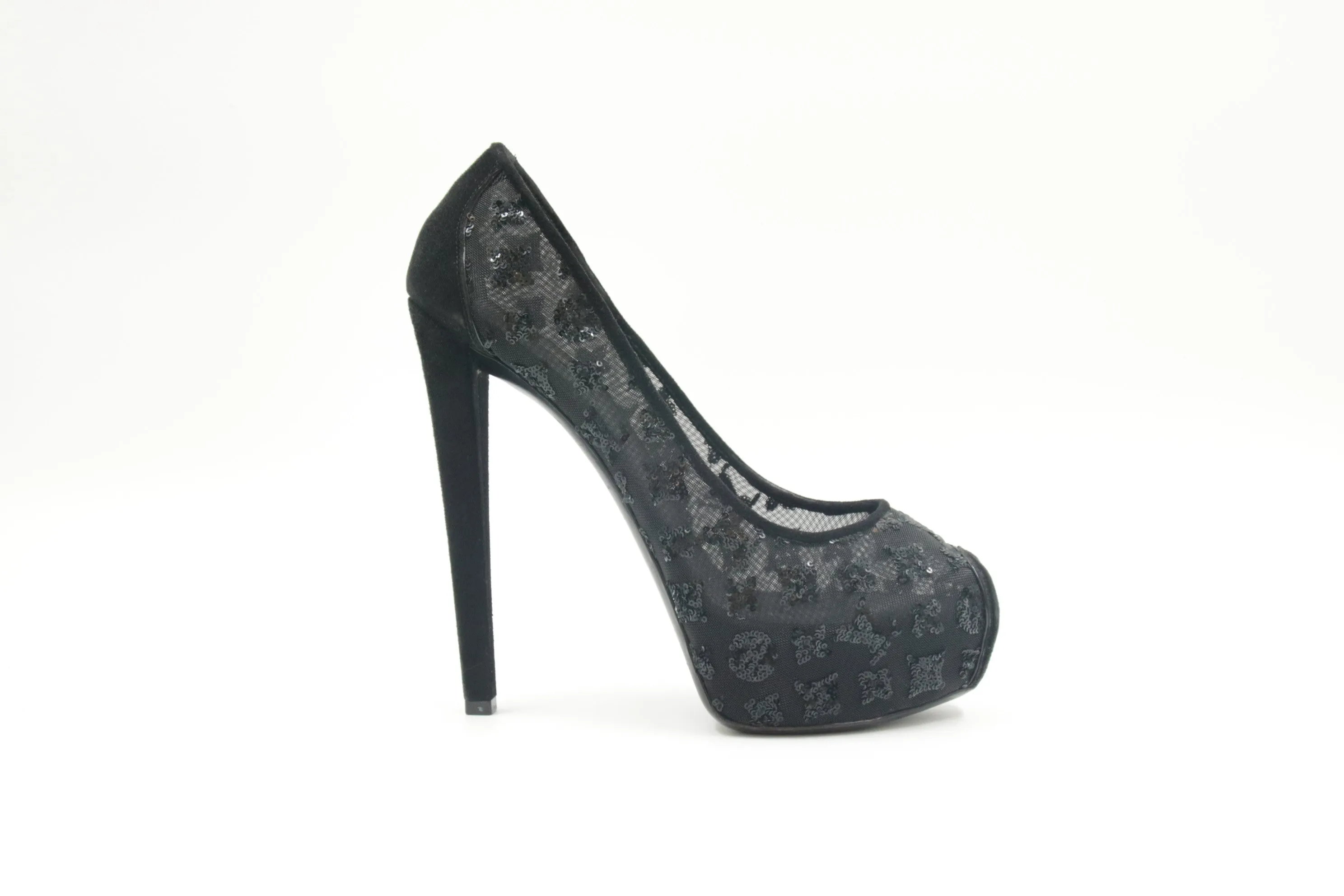 LOUIS VUITTON Black Monogram Sequins, Mesh, and Suede Peep Toe Heels