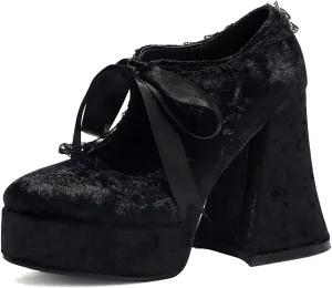 LUXMAX Women's Goth Lolita Shoes Platform Mary Janes Chunky Heel Pumps Lace Flower Gothic Heels Cosplay Shoes