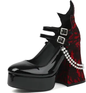 LUXMAX Women's Goth Lolita Shoes Platform Mary Janes Chunky Heel Pumps Lace Flower Gothic Heels Cosplay Shoes