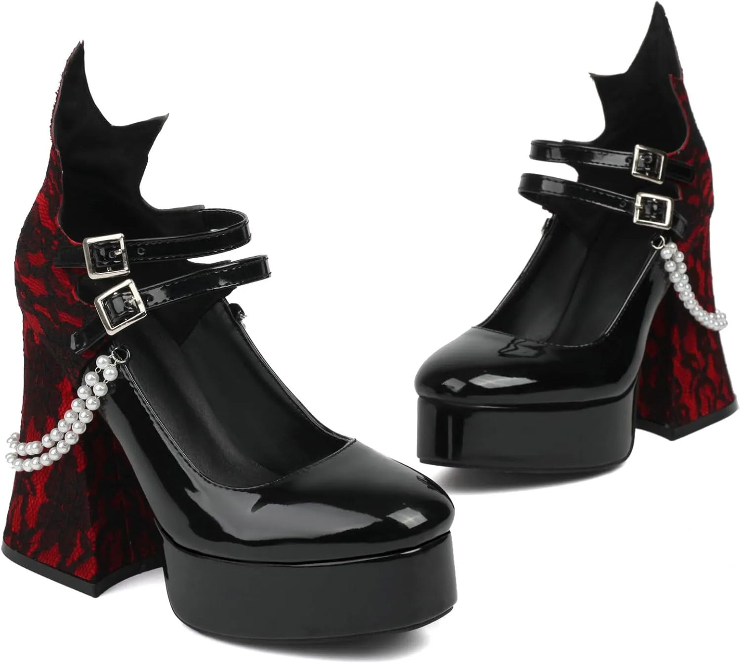 LUXMAX Women's Goth Lolita Shoes Platform Mary Janes Chunky Heel Pumps Lace Flower Gothic Heels Cosplay Shoes