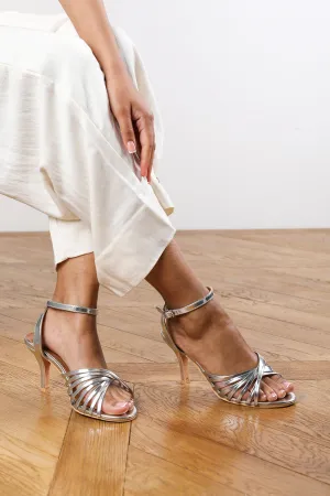 Maisie Heeled Sandal With Flared Stiletto in Silver Faux Leather