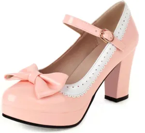 Mary Jane Heels for Women Bow Lolita Platform High Heels Kawaii Shoes Dress Round Toe Pumps