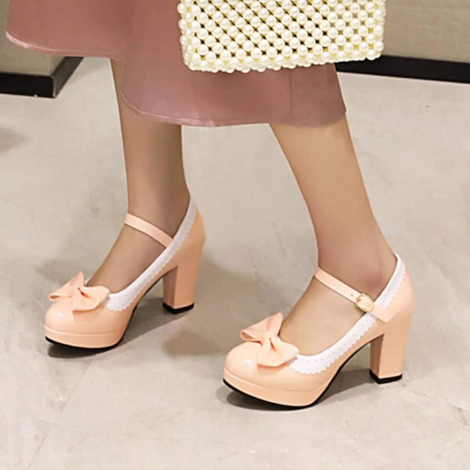 Mary Jane Heels for Women Bow Lolita Platform High Heels Kawaii Shoes Dress Round Toe Pumps