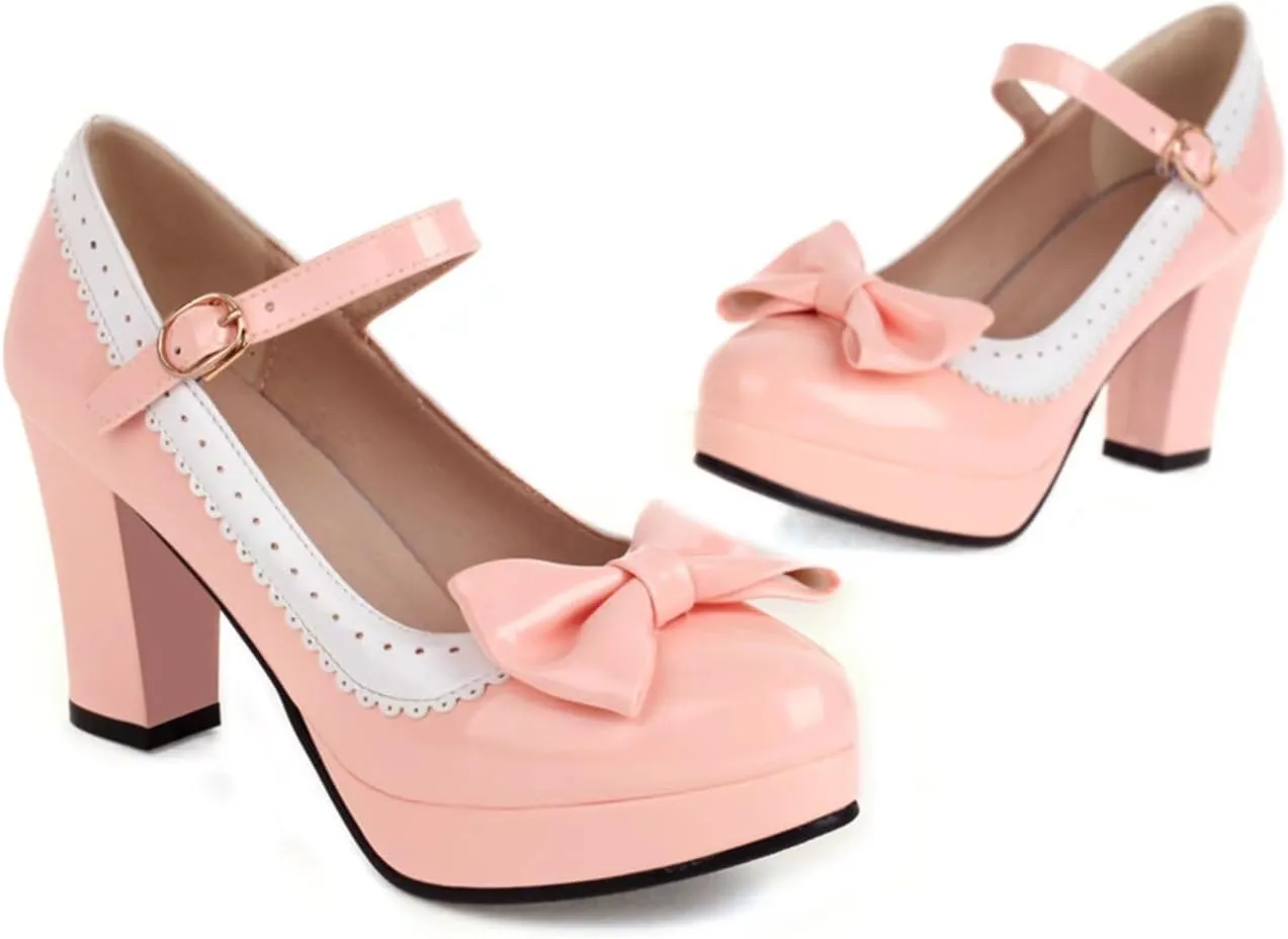 Mary Jane Heels for Women Bow Lolita Platform High Heels Kawaii Shoes Dress Round Toe Pumps