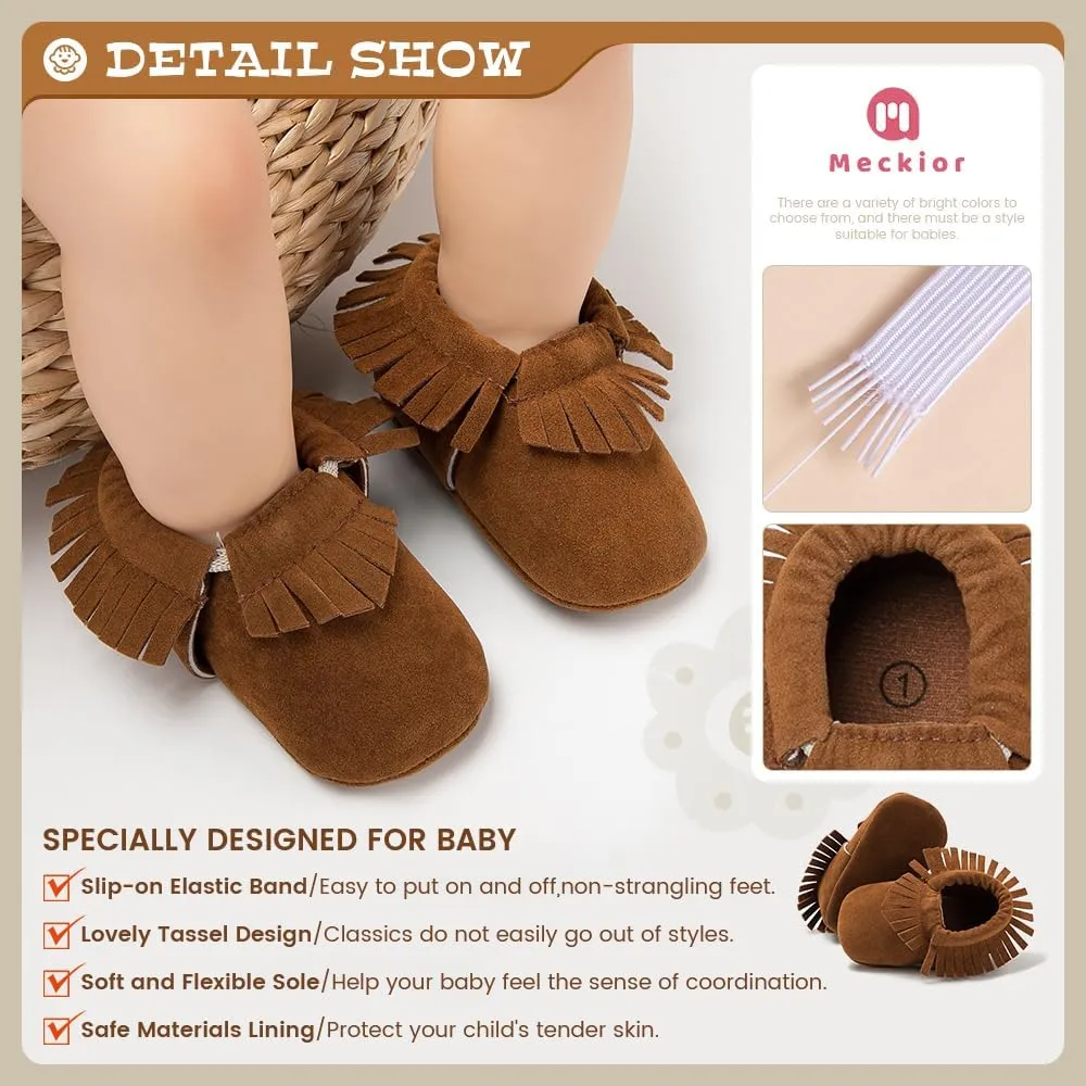 Meckior Infant Baby Girls Boys Premium Soft Sole Tassel Bowknot Moccasins Toddler Prewalker Princess Anti-Slip Crib Baptism Loafers Shoes