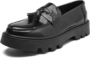 Men's Black Patent Leather Platform Loafers Slip-On Dress Shoes with Tassel, Non-Slip Lug Sole Round Toe Penny Formal Shoes for Business Work & Daily