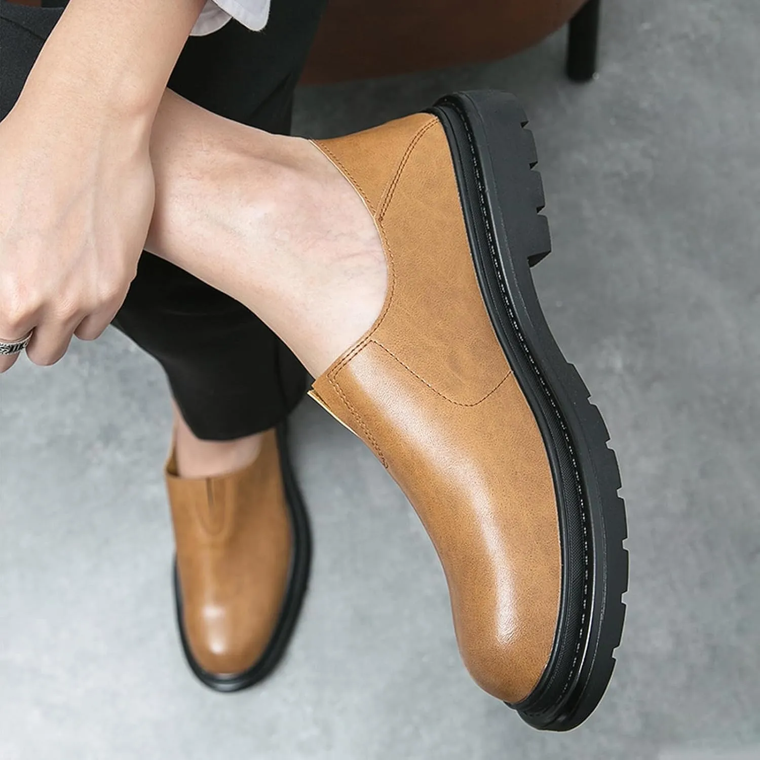 Men's Chunky Heel Lug Sole Slip-on Loafers,Comfort Soft Moccasin Lightweight Driving Walking Penny Shoes Casual Dressy Office Work Shoes