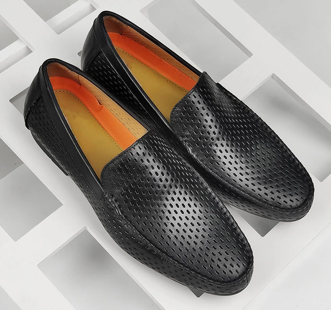 Men's Dress Loafers Black Leather Shoes - Classic Penny Loafers for Work, Casual-Non-Slip, Comfortable Walking Shoes-Breathable Hollow Design Mocasines