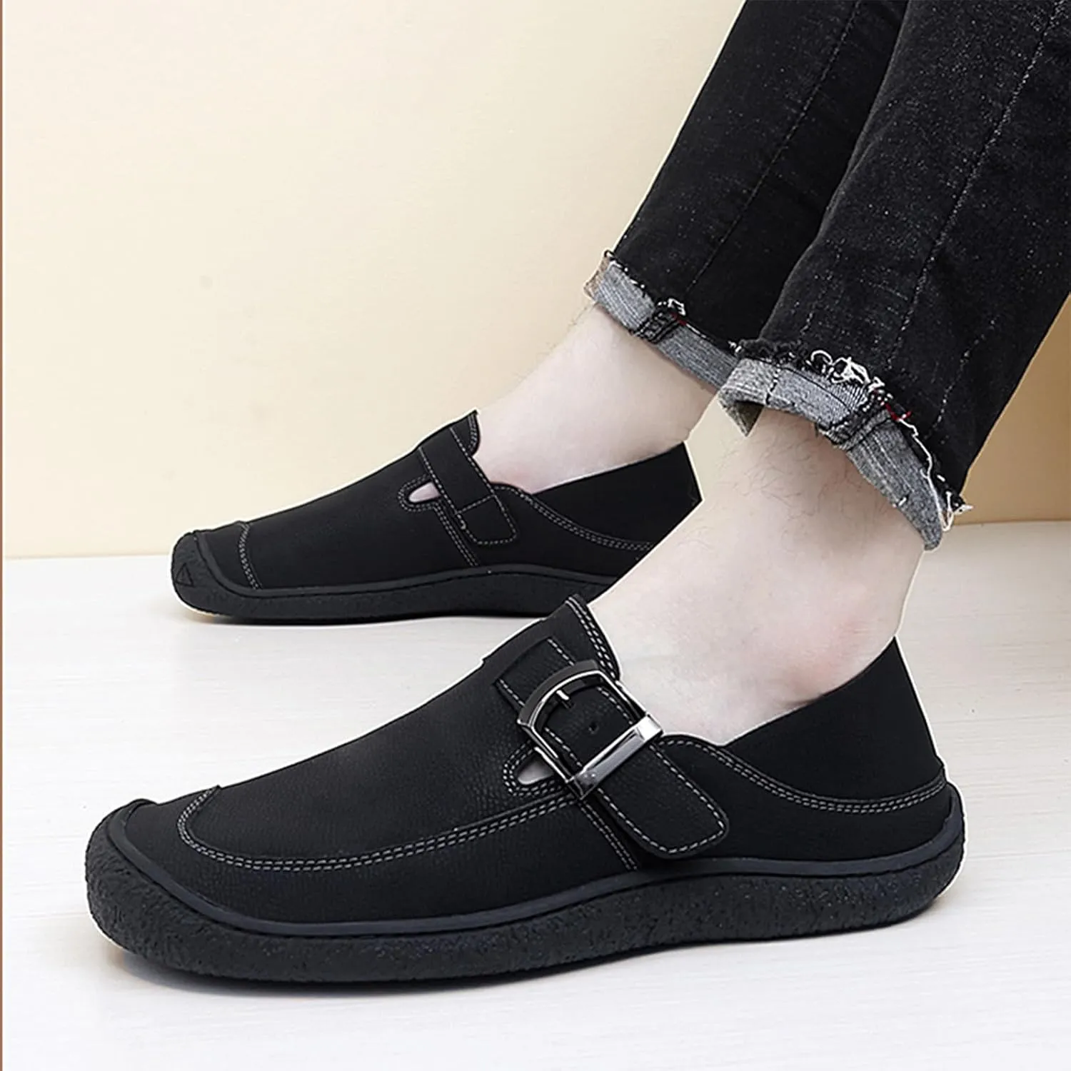 Men's Genuine Leather Casual Penny Loafers Fashion Buckle Round Toe Comfortable Soft Bottom Handmade Driving Loafers Slip On Lightweight Dress Shoes