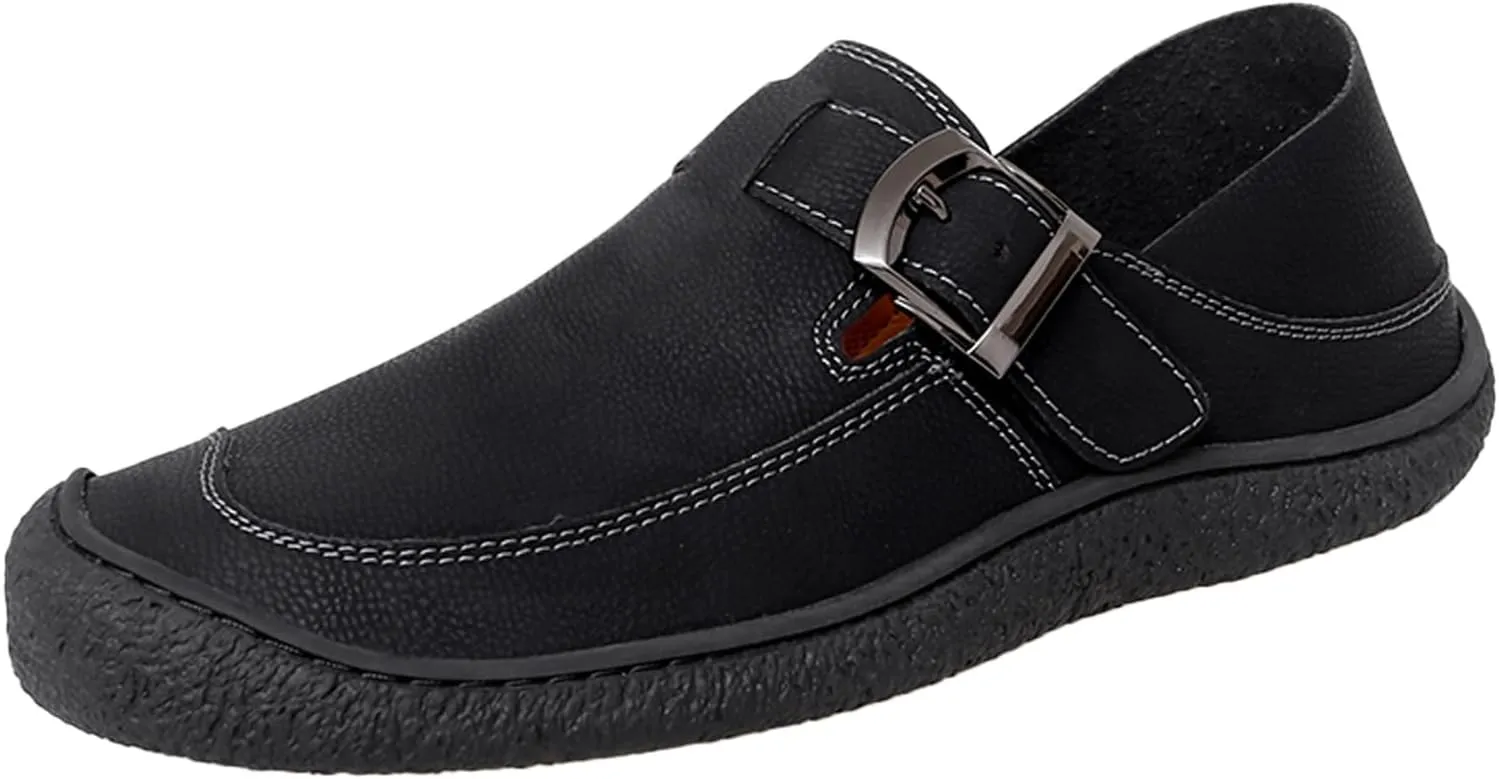 Men's Genuine Leather Casual Penny Loafers Fashion Buckle Round Toe Comfortable Soft Bottom Handmade Driving Loafers Slip On Lightweight Dress Shoes