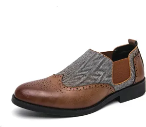 Mens Patchwork Two Tone Comfortable Slip On Dress Loafers Fashion Carving Punched Brogues Business Leather Shoes Round Toe Low Top Luxury Formal Walking Shoes