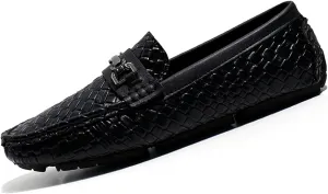 Men's Penny Loafers Woven Leather Driving Loafers Black Slip-On with Buckle Flats Boat Shoes Moccasins