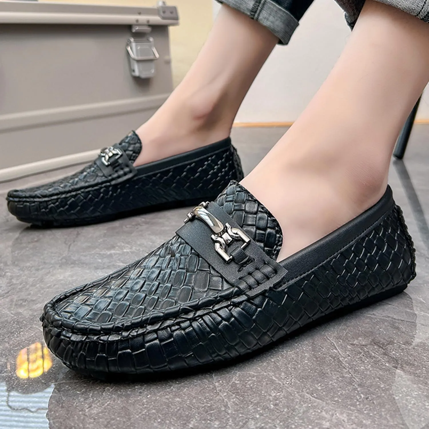 Men's Penny Loafers Woven Leather Driving Loafers Black Slip-On with Buckle Flats Boat Shoes Moccasins