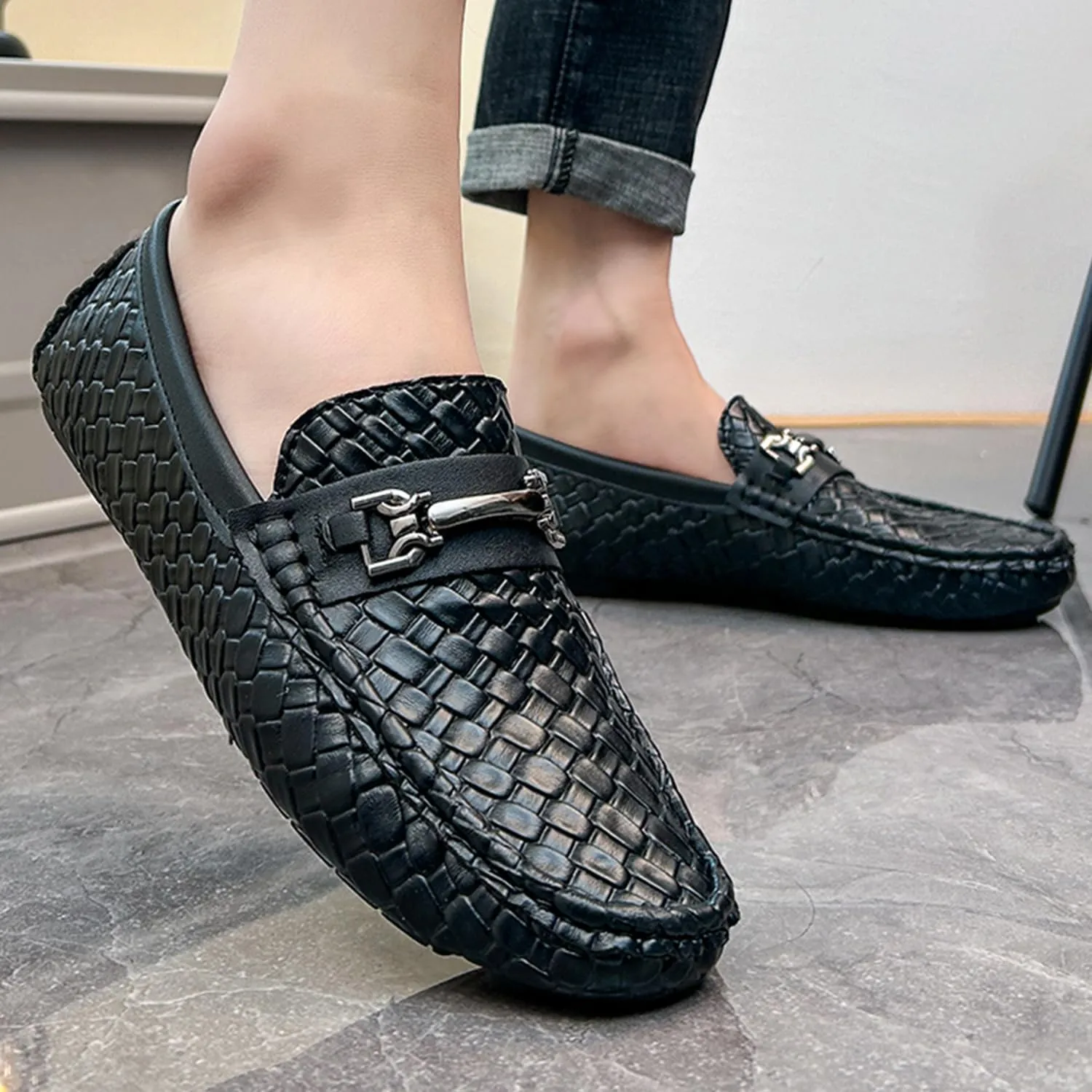 Men's Penny Loafers Woven Leather Driving Loafers Black Slip-On with Buckle Flats Boat Shoes Moccasins