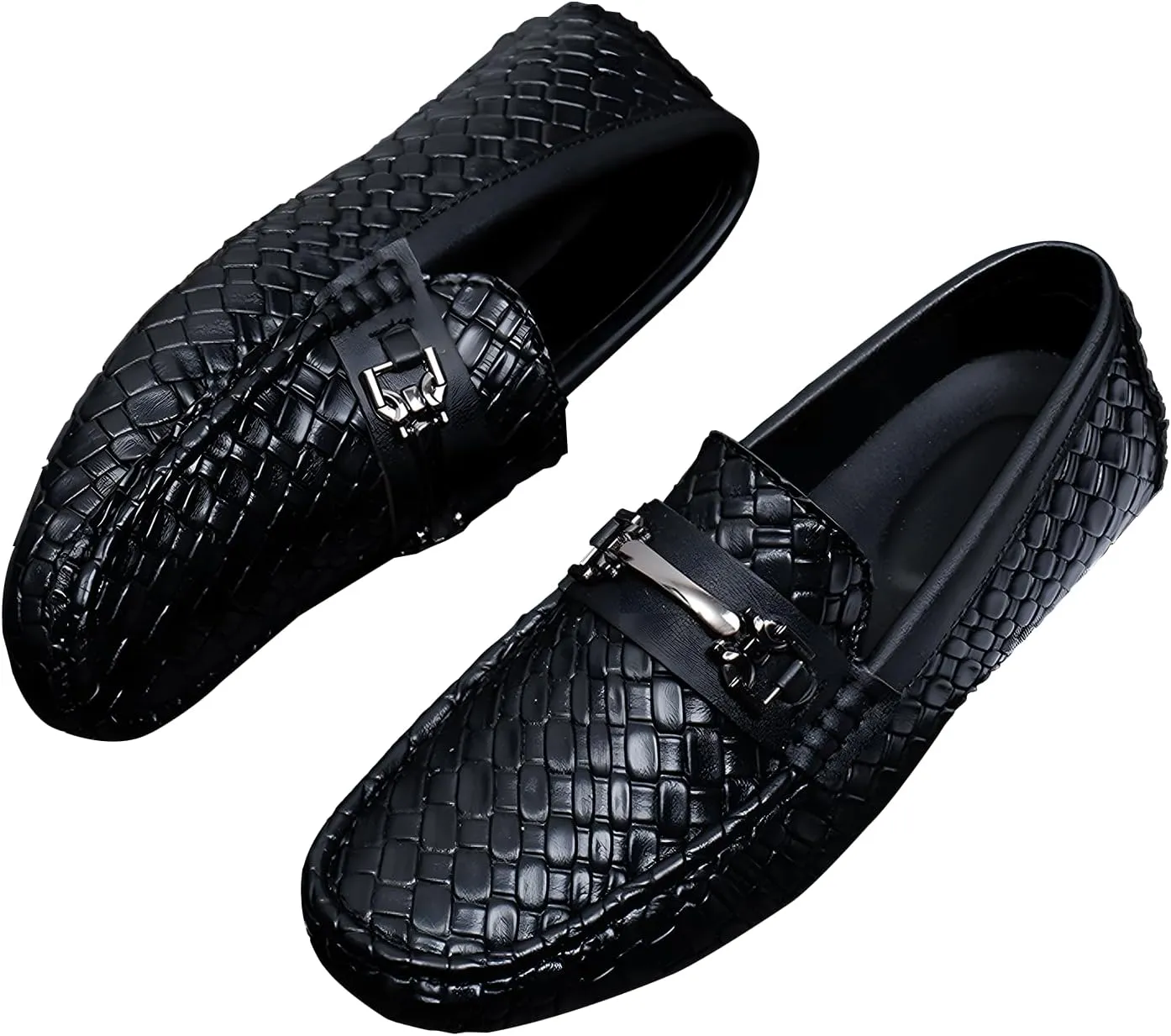 Men's Penny Loafers Woven Leather Driving Loafers Black Slip-On with Buckle Flats Boat Shoes Moccasins