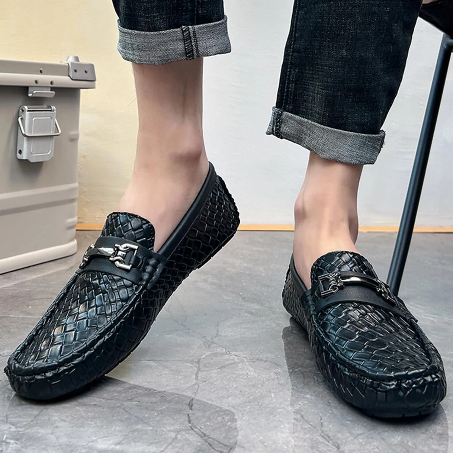 Men's Penny Loafers Woven Leather Driving Loafers Black Slip-On with Buckle Flats Boat Shoes Moccasins