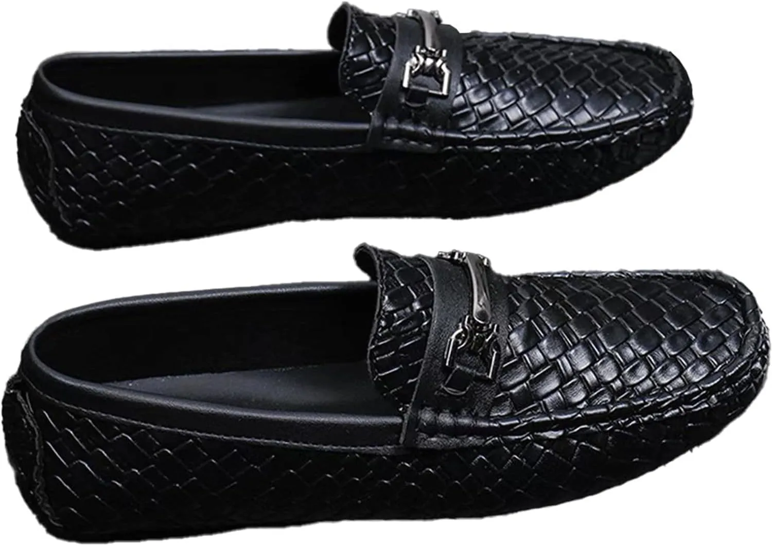 Men's Penny Loafers Woven Leather Driving Loafers Black Slip-On with Buckle Flats Boat Shoes Moccasins