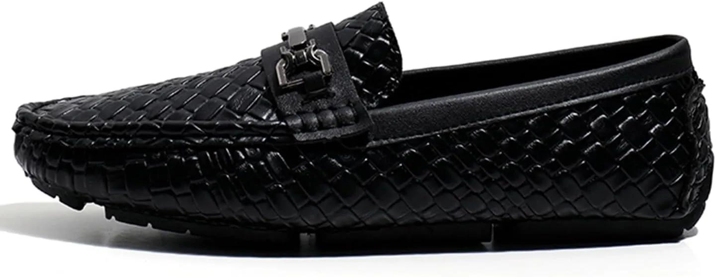 Men's Penny Loafers Woven Leather Driving Loafers Black Slip-On with Buckle Flats Boat Shoes Moccasins