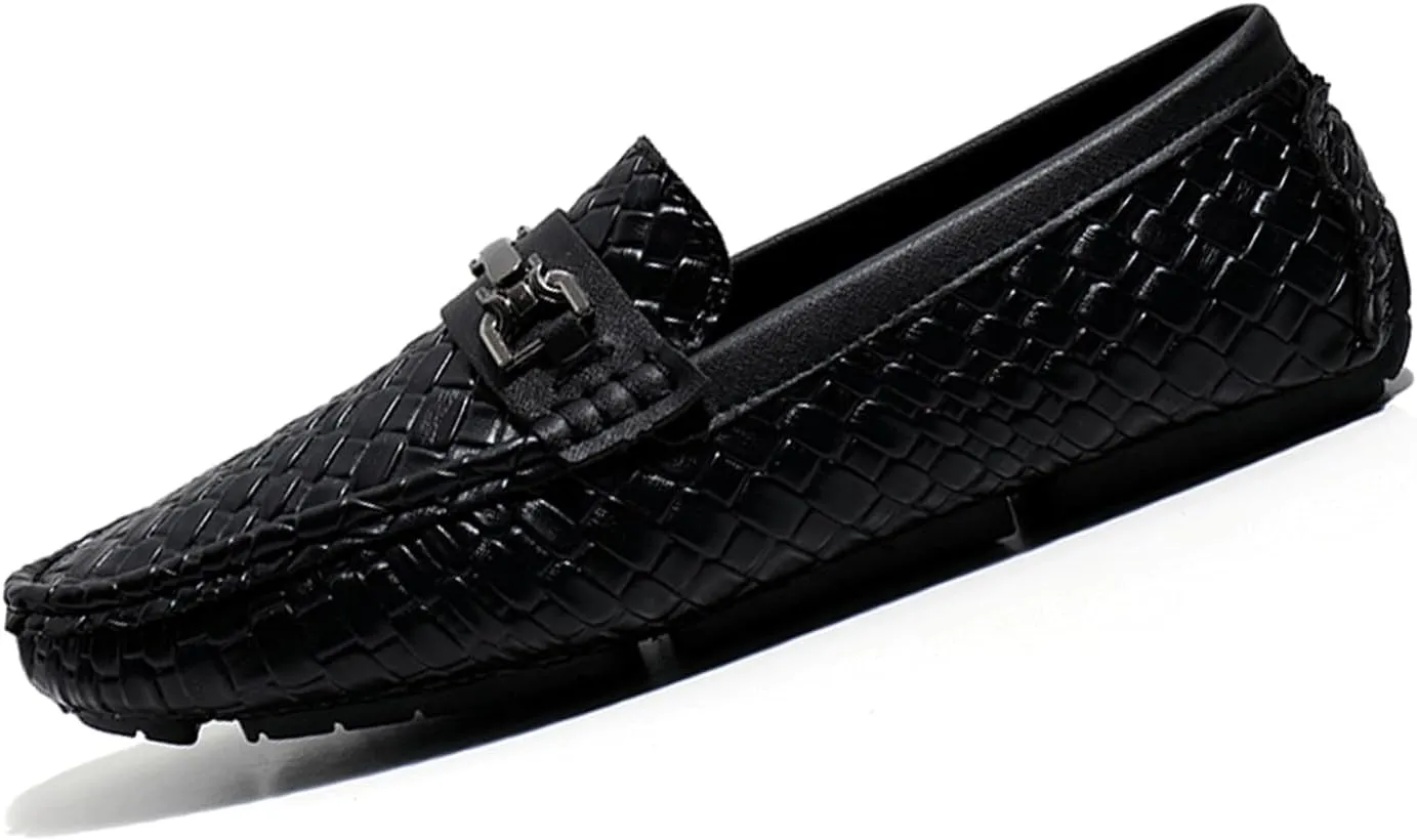 Men's Penny Loafers Woven Leather Driving Loafers Black Slip-On with Buckle Flats Boat Shoes Moccasins
