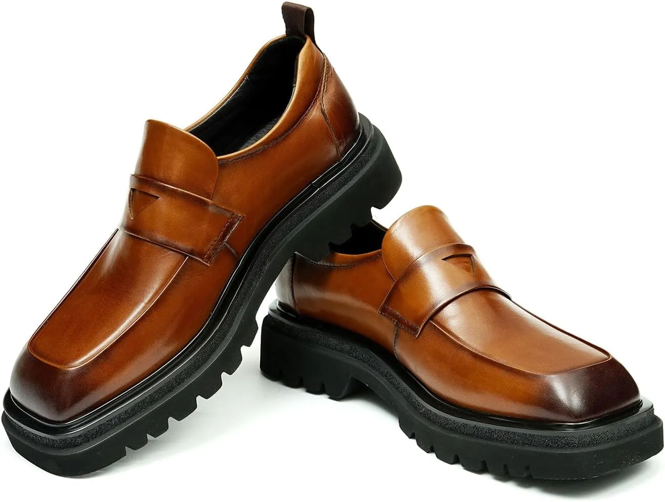 Mens Slip On Loafers Formal Dress Mocasines Genuine Leather Square Toe Wide Penny Loafers Prom Wedding Tuxedo Business Causal Shoes for Men