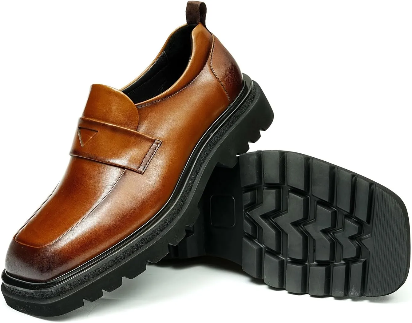 Mens Slip On Loafers Formal Dress Mocasines Genuine Leather Square Toe Wide Penny Loafers Prom Wedding Tuxedo Business Causal Shoes for Men