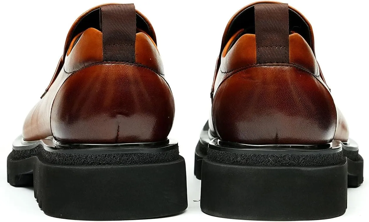 Mens Slip On Loafers Formal Dress Mocasines Genuine Leather Square Toe Wide Penny Loafers Prom Wedding Tuxedo Business Causal Shoes for Men
