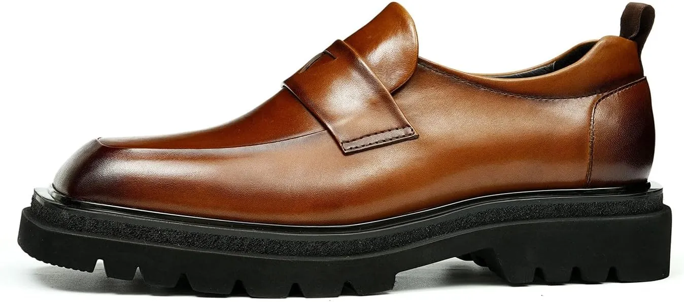 Mens Slip On Loafers Formal Dress Mocasines Genuine Leather Square Toe Wide Penny Loafers Prom Wedding Tuxedo Business Causal Shoes for Men