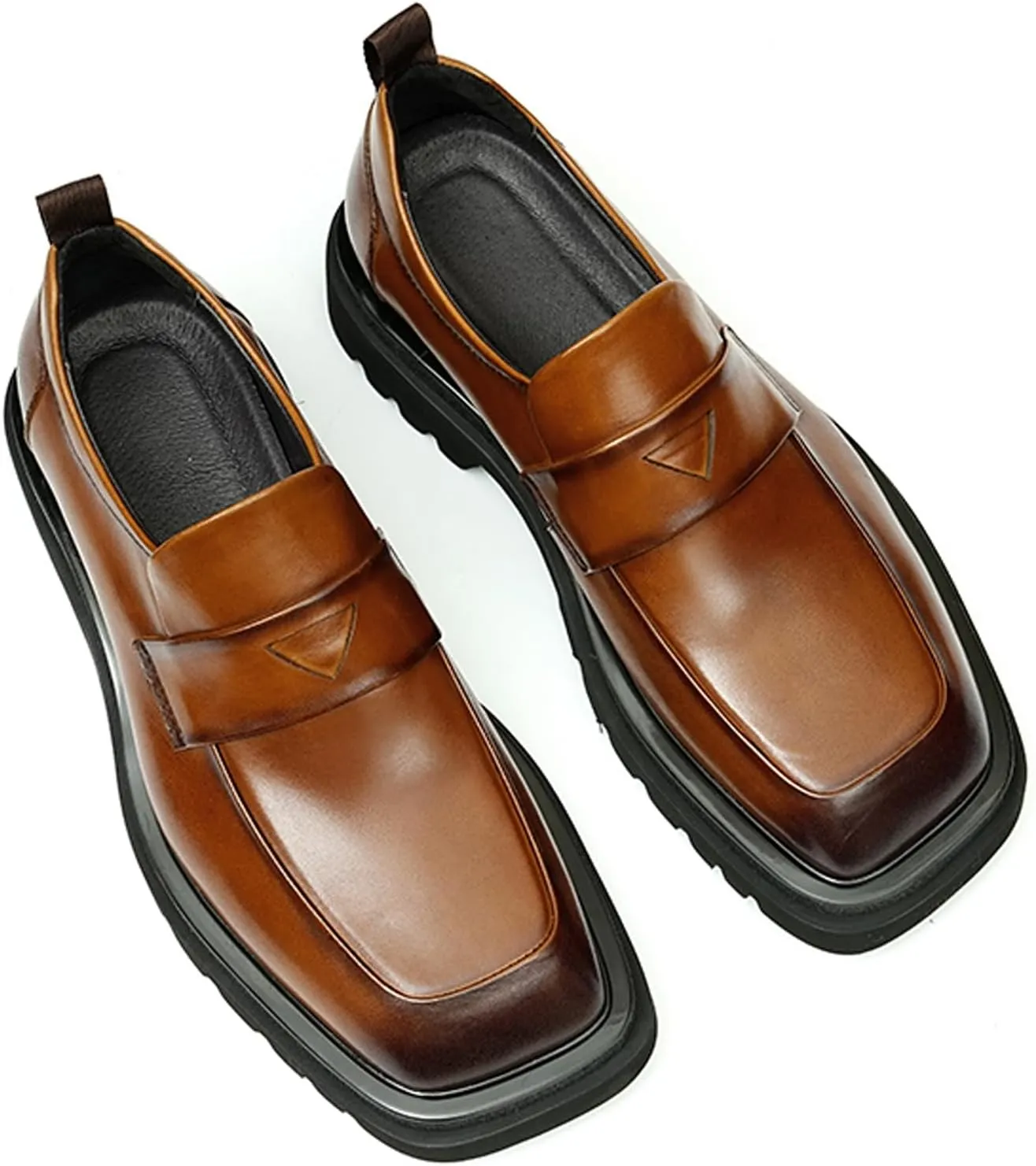 Mens Slip On Loafers Formal Dress Mocasines Genuine Leather Square Toe Wide Penny Loafers Prom Wedding Tuxedo Business Causal Shoes for Men