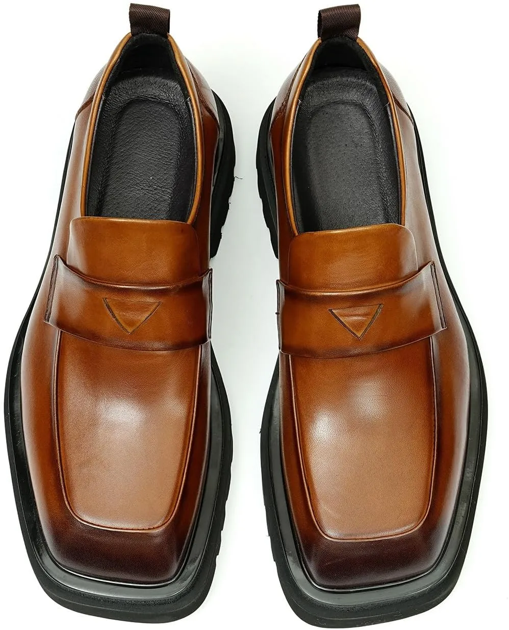 Mens Slip On Loafers Formal Dress Mocasines Genuine Leather Square Toe Wide Penny Loafers Prom Wedding Tuxedo Business Causal Shoes for Men