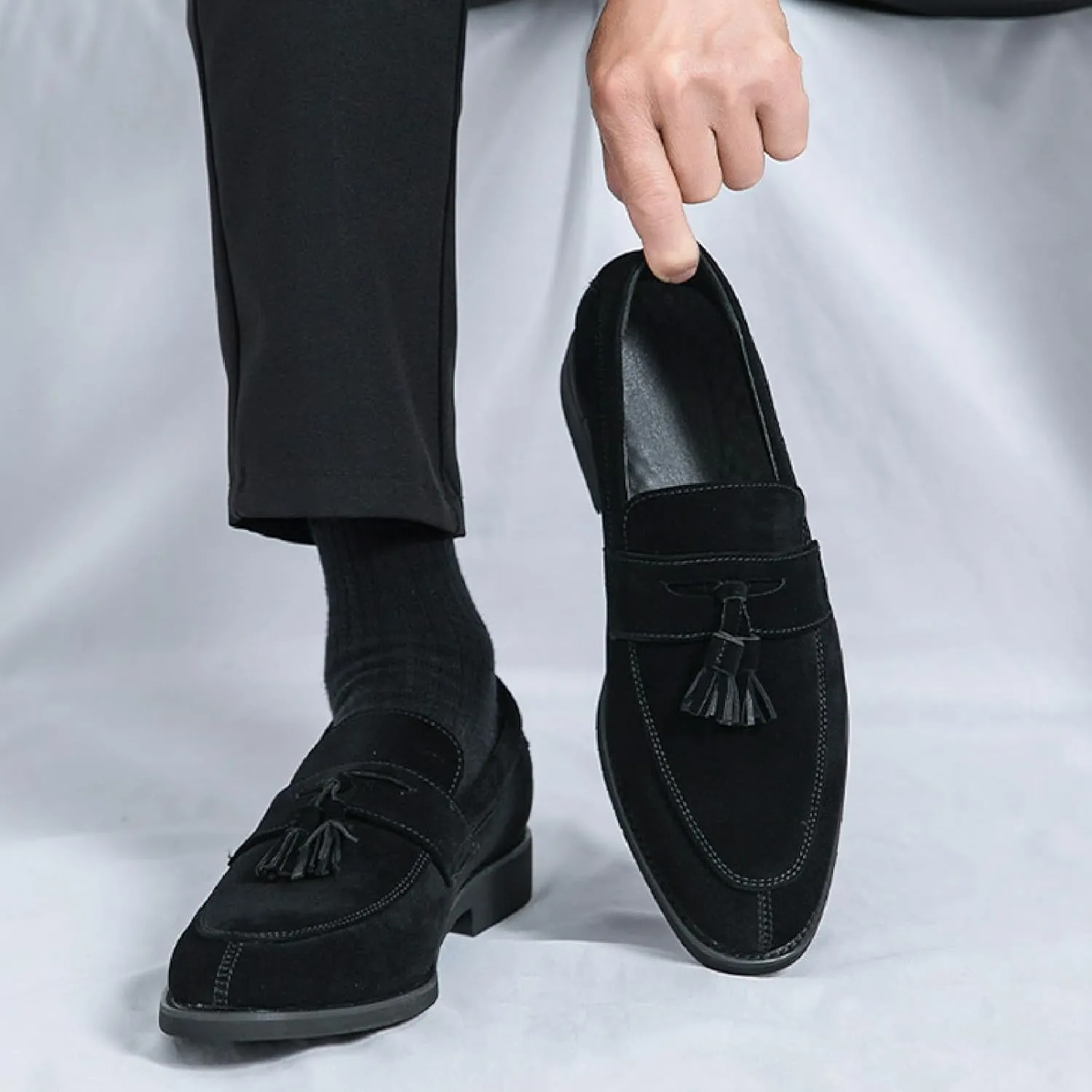 Men's Suede Tassel Chunky Heel Oxfords Fashion Comfor Slip-On Anti-Slip Dress Penny Loafers Casual Business Party Shoes
