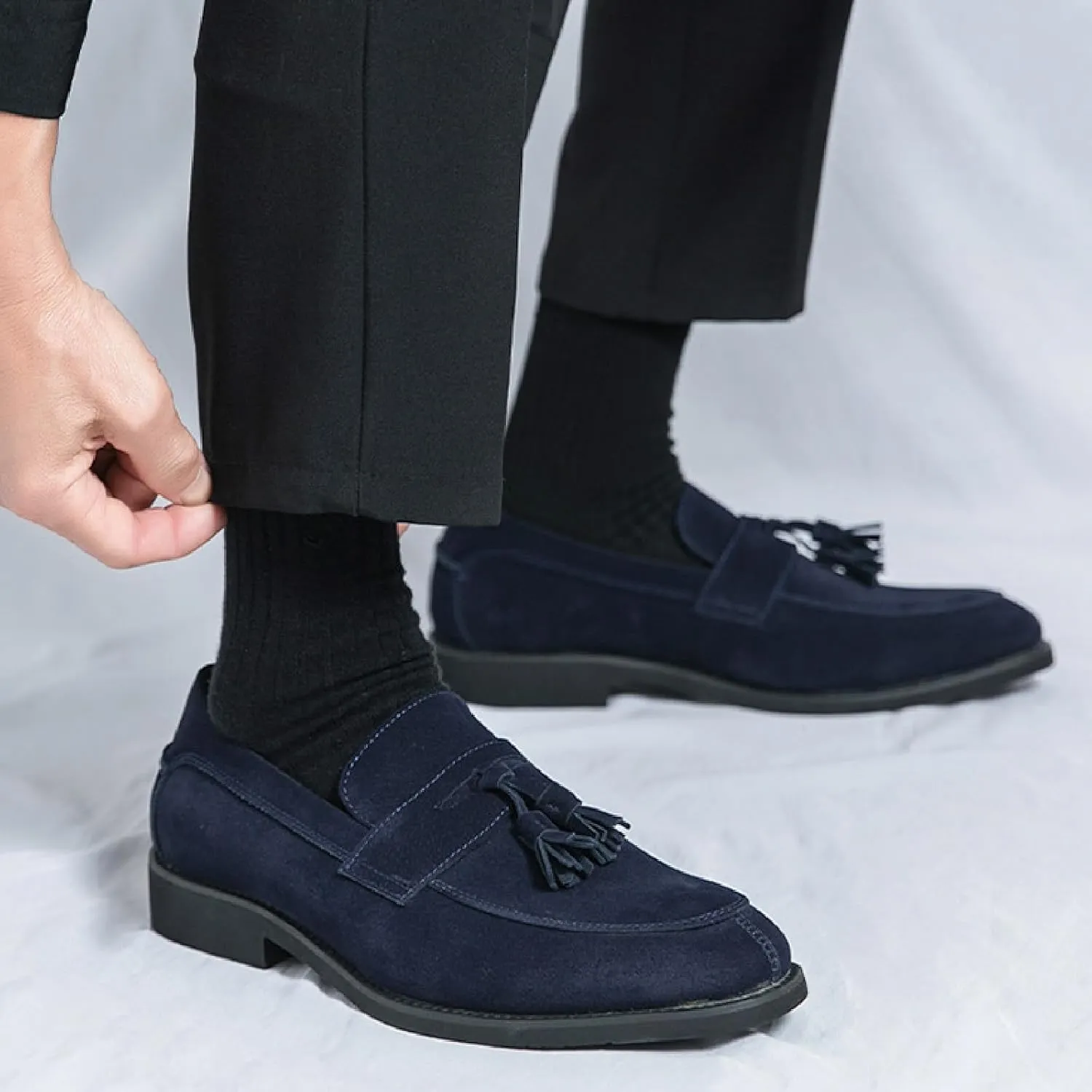 Men's Suede Tassel Chunky Heel Oxfords Fashion Comfor Slip-On Anti-Slip Dress Penny Loafers Casual Business Party Shoes