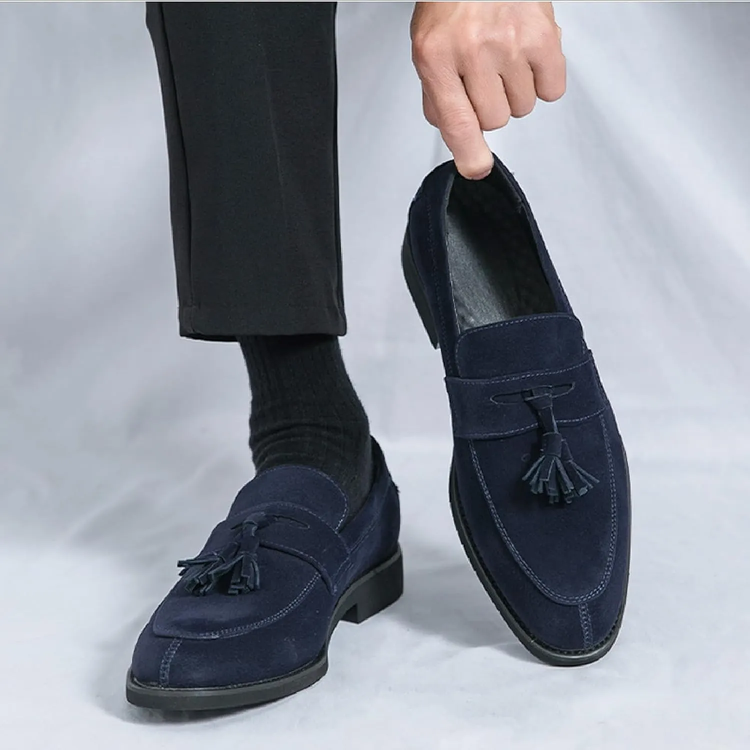 Men's Suede Tassel Chunky Heel Oxfords Fashion Comfor Slip-On Anti-Slip Dress Penny Loafers Casual Business Party Shoes