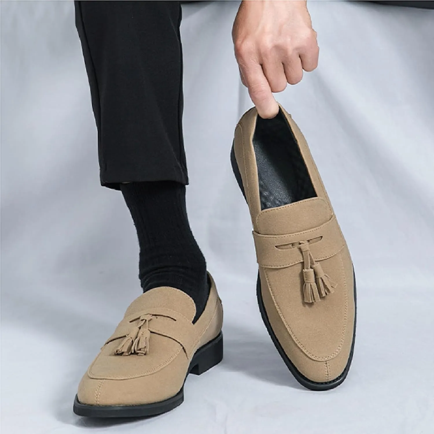 Men's Suede Tassel Chunky Heel Oxfords Fashion Comfor Slip-On Anti-Slip Dress Penny Loafers Casual Business Party Shoes