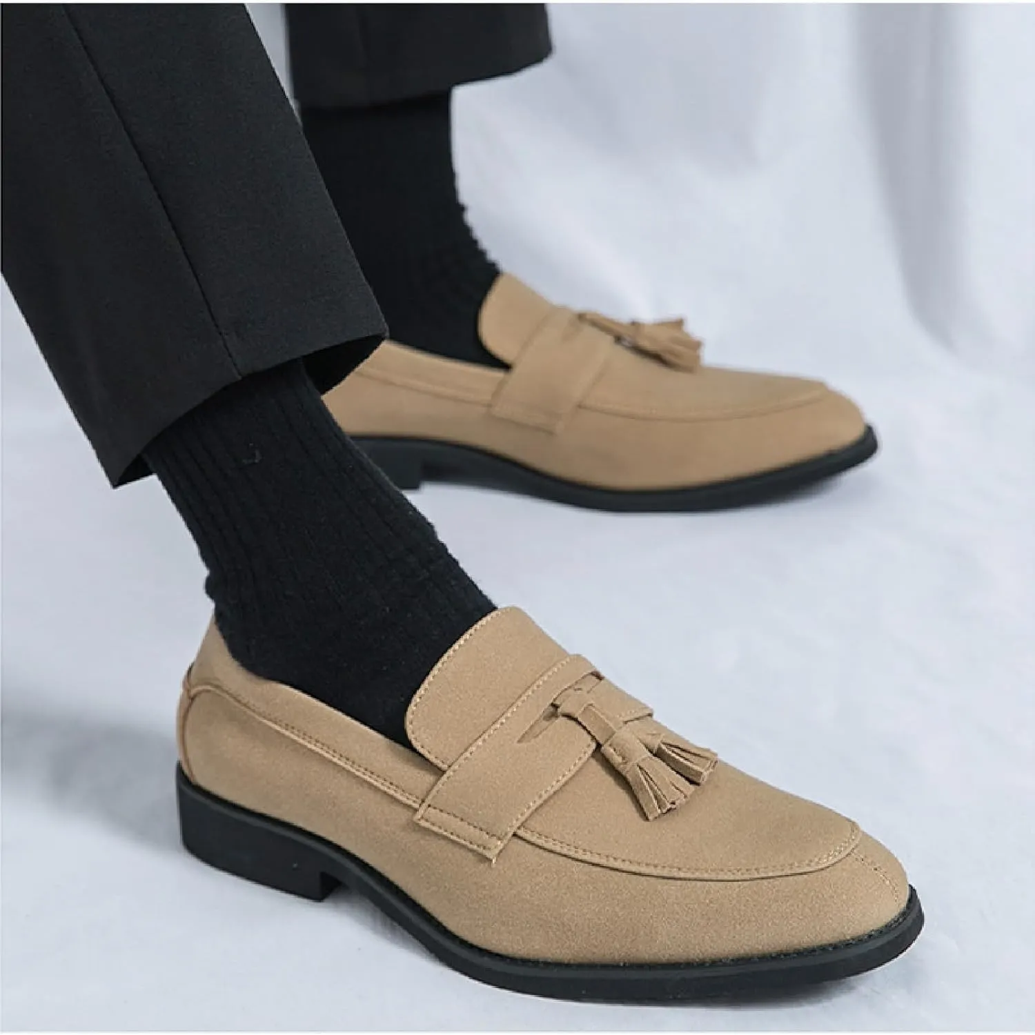 Men's Suede Tassel Chunky Heel Oxfords Fashion Comfor Slip-On Anti-Slip Dress Penny Loafers Casual Business Party Shoes