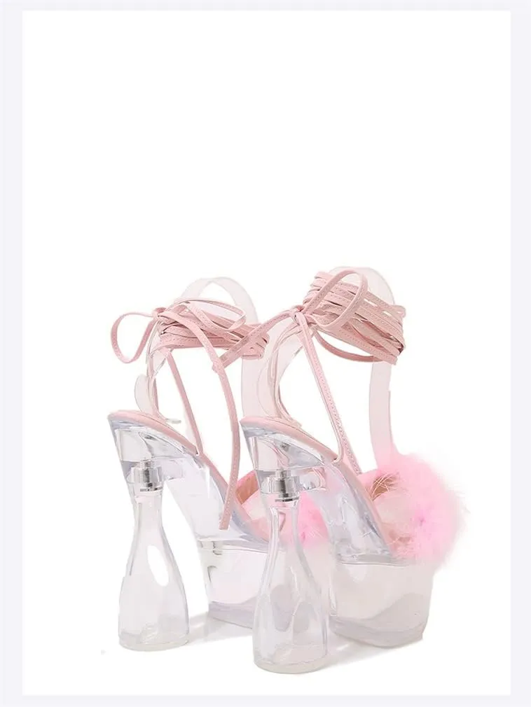 MissHeel Lace Up Crystal Clear Platform Chunky Heels