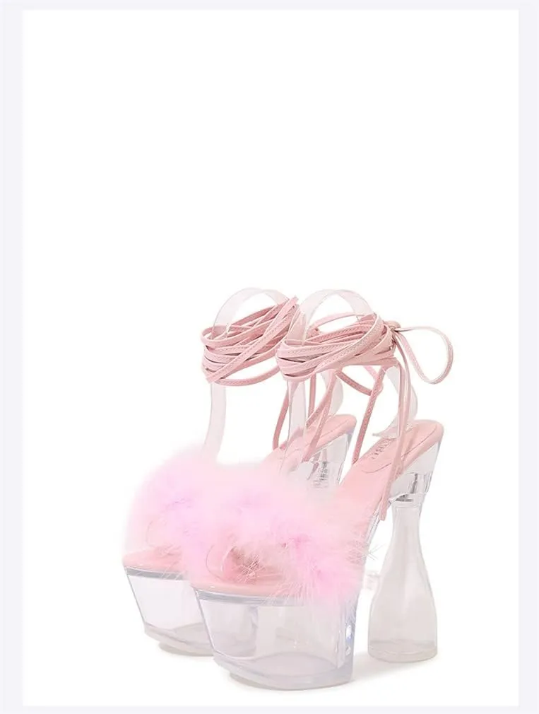 MissHeel Lace Up Crystal Clear Platform Chunky Heels