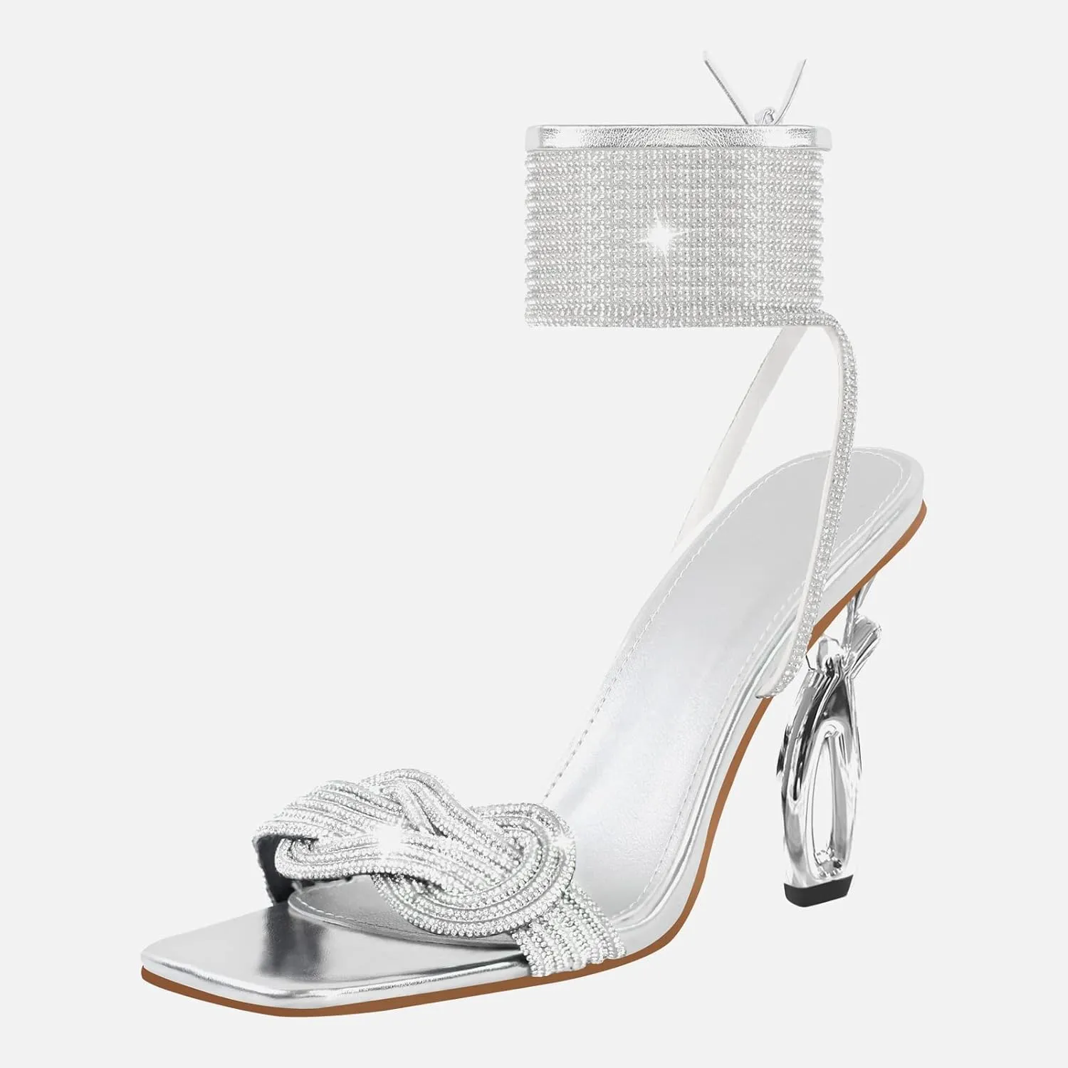MissHeel Silver Rhinestone Strappy Lace Up High Heel 3.5inch Unique Heel
