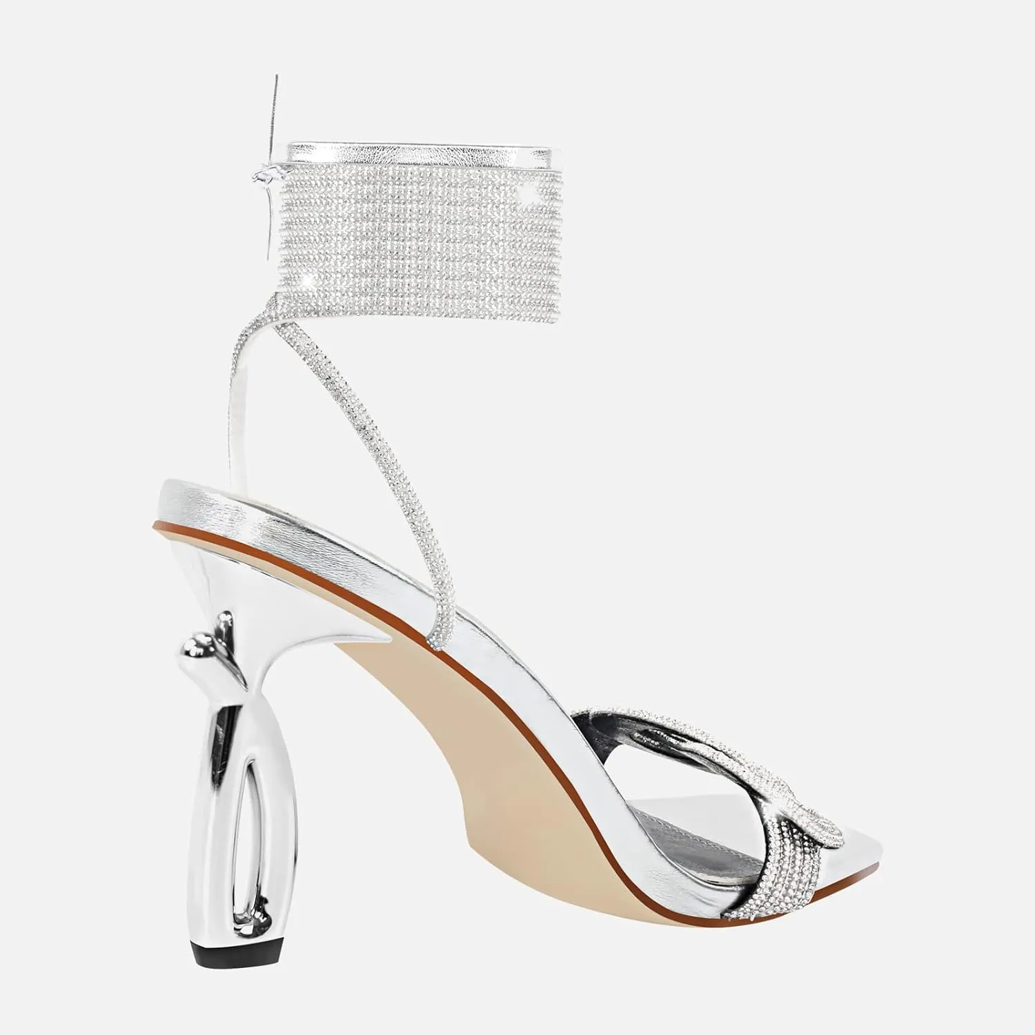 MissHeel Silver Rhinestone Strappy Lace Up High Heel 3.5inch Unique Heel