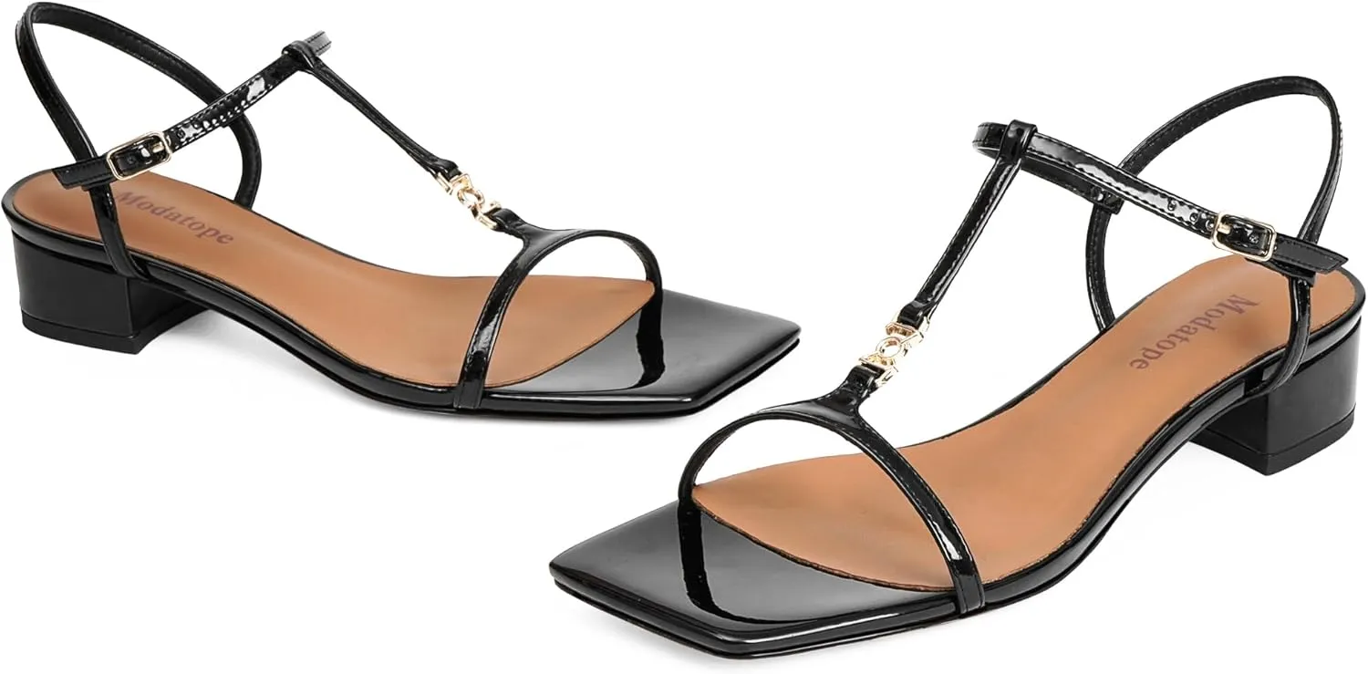 Modatope T-Strap Heels for Women, with Square Open Toe and Chunky Low Heel Design