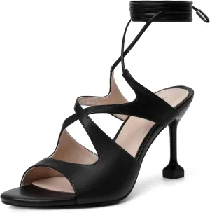 Mofirdast Strappy Heels for Women Stiletto Sandals Lace Up Open Toe Heeled Wrap Around Heels with Round Toe